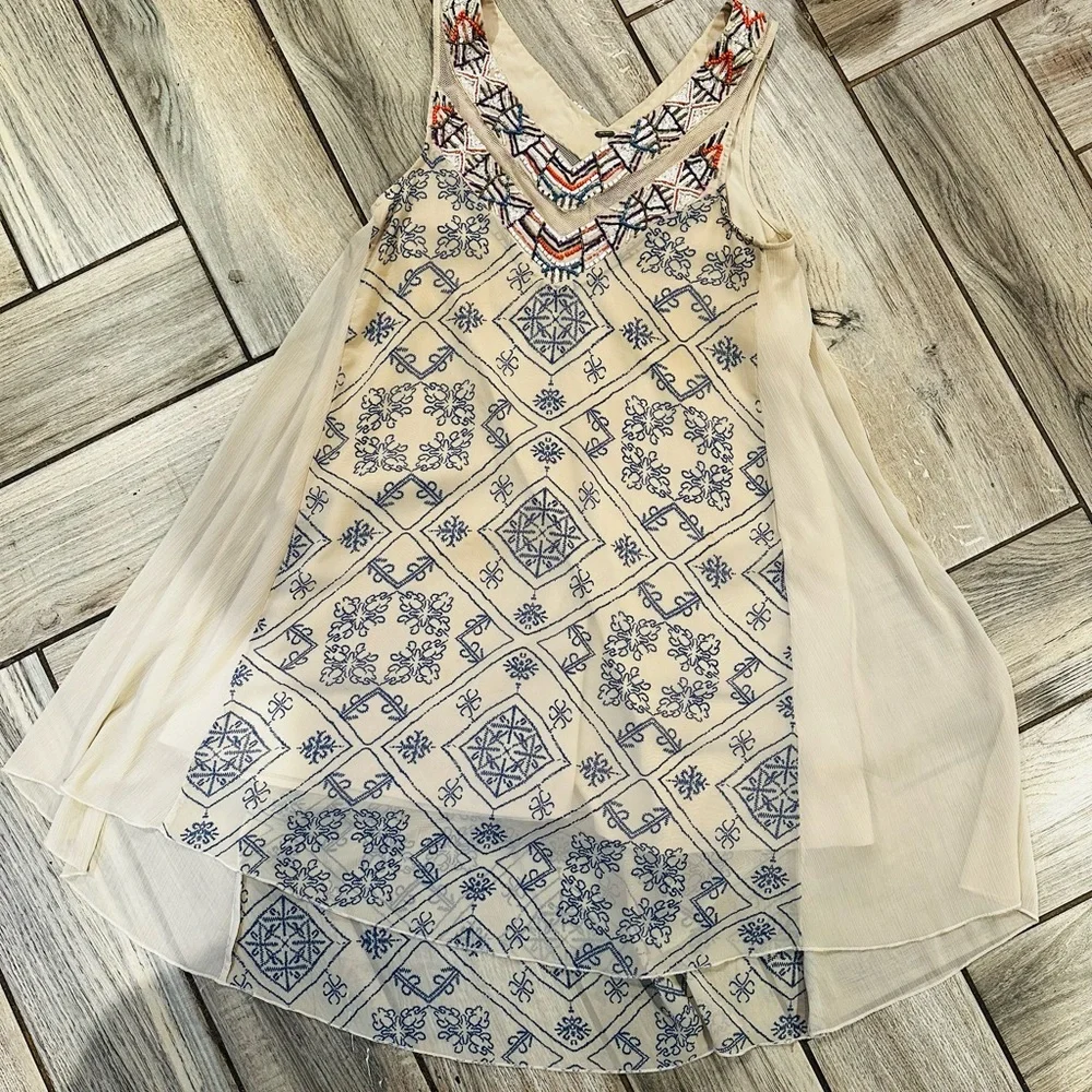 Free People Cream and Blue Asymmetrical Sundress